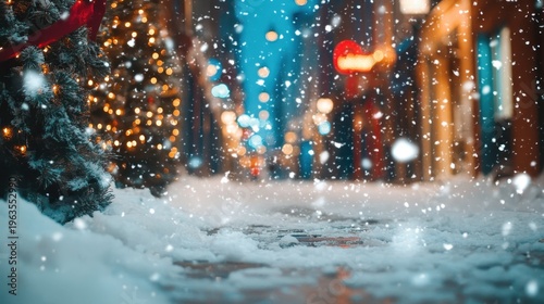 Snowy winter night street scene with festive Christmas lights and falling snow creating a magical ambiance