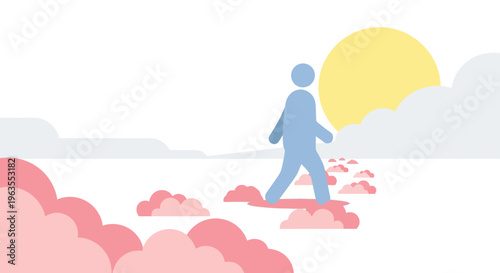 Man Walking on Pink Clouds at Sunset.