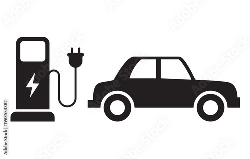 Electric car charging icon, EV charging station symbol, electric vehicle charger plug, battery charging car icon, eco energy transport UI icon, green mobility vector