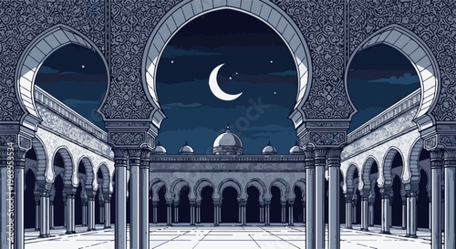 Pixel art courtyard with arches and domes under a starry night sky
