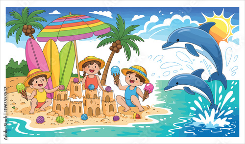 Tropical Summer Beach Fun Cartoon Vector Illustratio