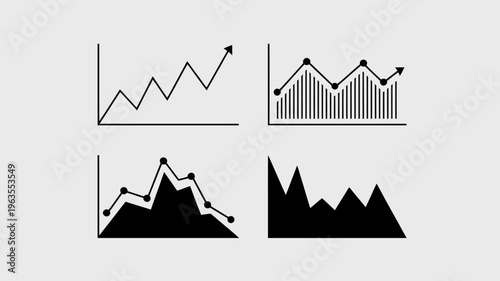 A collection of four distinct line graphs and bar charts represented in a simple black and white illustrative style high quality professional detailed modern elegant stylish