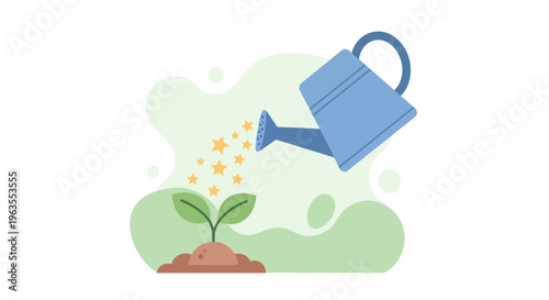 Watering Can Nourishing Young Green Plant.