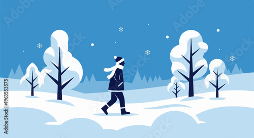 Person walks through a snowy landscape with snow falling from the sky