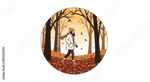 Person walks through an autumn forest with falling leaves