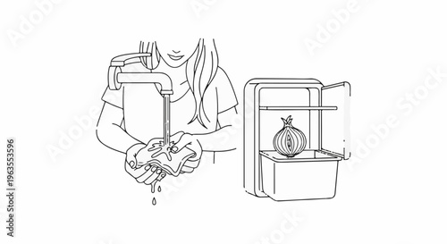 Person washing sponge at sink, beside open refrigerator with onion