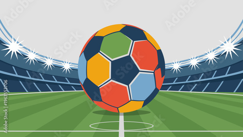 A colorful soccer ball is prominently displayed on a green field set against the blurred backdrop of a stadium with bright lights high quality professional detailed
