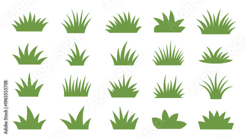 A collection of stylized green grass illustrations are displayed against a plain white background showcasing diverse shapes and textures high quality professional detailed modern elegant stylish