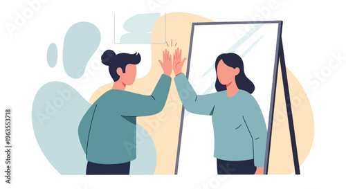 Woman High Fiving Reflection in Mirror.