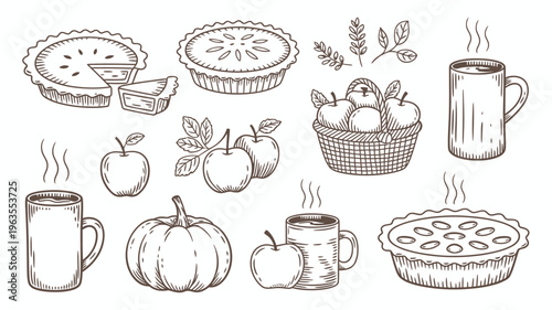 A charming hand drawn illustration depicts autumnal still life elements including pies apples pumpkins and steaming beverages high quality professional detailed modern elegant stylish clean crisp