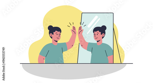 Woman High Fiving Her Mirror Reflection.