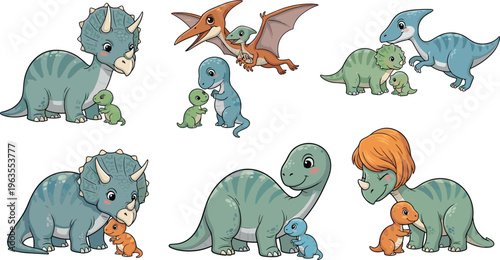 Cute Dinosaur Family Collection with Baby Dinos, Cartoon Prehistoric Animals in Playful Poses on White Background