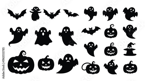 Halloween icons and silhouettes of ghosts bats jack o lanterns