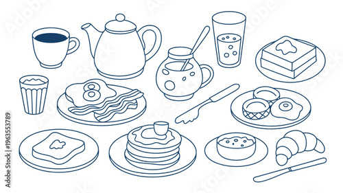 A charming hand drawn illustration depicts a delightful breakfast spread with various foods and beverages arranged on a white surface high quality professional detailed modern elegant