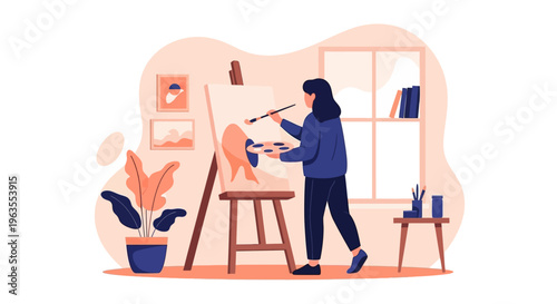 Woman Painting on Easel in Studio.