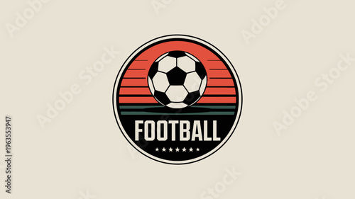 A retro styled emblem features a classic black and white soccer ball centered within a circular design with red and dark stripes high quality professional detailed