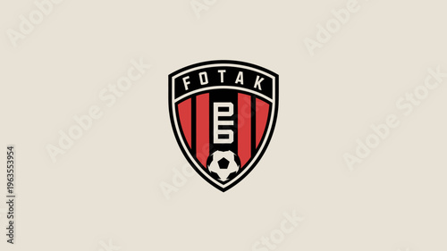 A shield shaped logo displays the brand fotak in bold lettering above a soccer ball utilizing a red black and white color scheme high quality professional