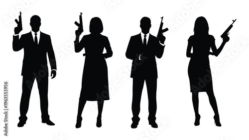 Silhouettes of armed business professionals in formal attire