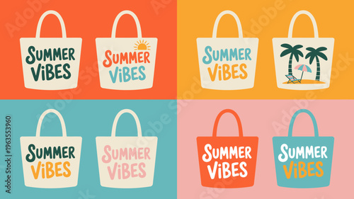 A vibrant grid displays four rows of colorful beach totes each featuring the phrase summer vibes and summery designs high quality professional detailed modern elegant stylish