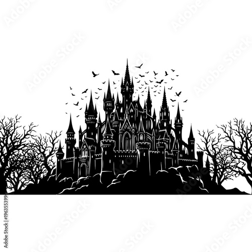 black silhouette of a spooky castle with bats flying overhead at night