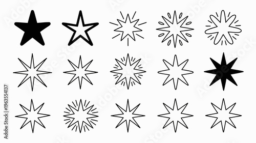 A collection of various black and white star shapes including solid outlined and burst like designs arranged in a grid high quality professional detailed modern elegant
