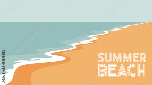 A minimalist illustration depicts a sandy beach meeting a tranquil ocean with the word summer beach prominently displayed in bold lettering high quality professional detailed modern