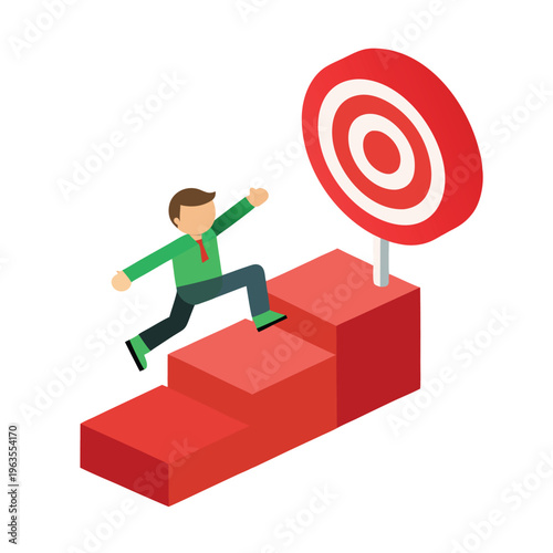 Steps to Success Concept Vector Illustration – 3D Man Jumping Over Steps to Reach Red Target, Business Growth Motivation Cartoon Clipart Line Art