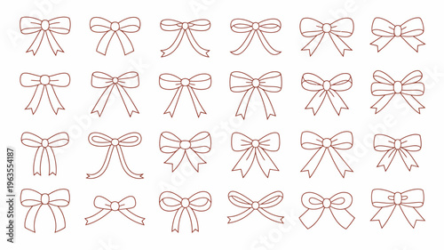 A collection of delicate hand drawn red bows are arranged in a grid pattern against a clean white background offering a festive touch high quality professional