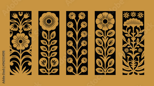 Five rectangular panels display intricate floral designs in a dark brown and gold color scheme resembling vintage textile patterns high quality professional detailed modern elegant stylish