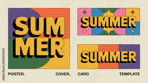 A vibrant graphic design showcases the word summer in bold lettering repeated across three differently colored and shaped compositions high quality professional detailed modern elegant stylish
