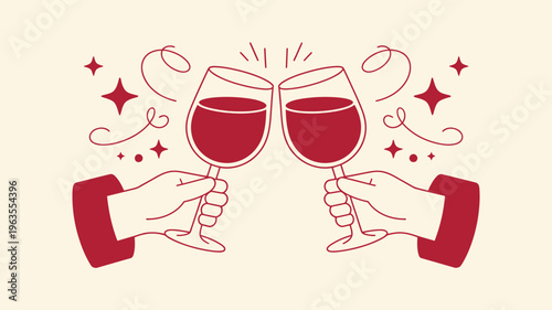 Two red wine glasses clink in a toast adorned with sparkling stars and elegant swirls suggesting celebration high quality professional detailed modern stylish clean crisp vibrant