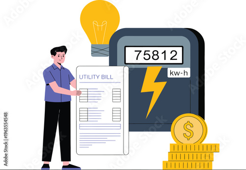Electricity bill and energy consumption concept illustration with meter reading, utility payment, power usage cost and household expense management