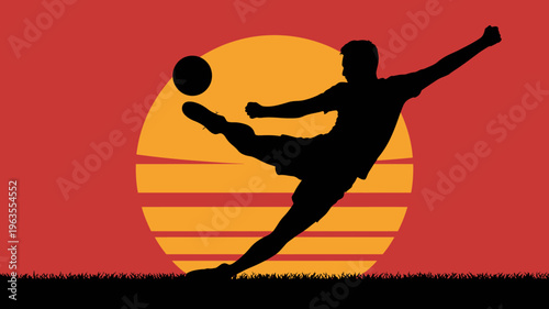 A silhouetted soccer player powerfully kicks a ball against a vibrant orange and red sunset backdrop evoking energy and athletic prowess high quality professional detailed modern