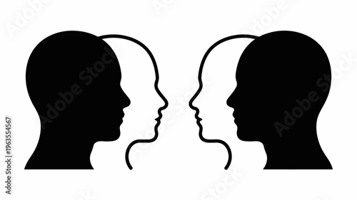 This minimalist image depicts two human profiles facing each other connected by curved lines representing thought or communication high quality professional detailed modern elegant stylish clean