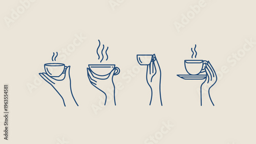 A minimalist illustration depicts four hands holding or presenting steaming cups showcasing a simple design with blue lines on a beige background high quality professional detailed
