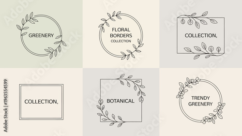 A collection of botanical and floral line art frames and wreaths featuring delicate leaves and simple typography high quality professional detailed modern elegant stylish clean crisp