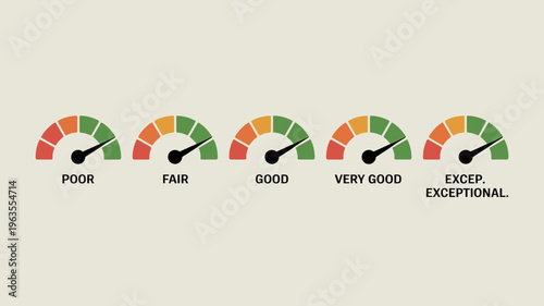A series of five circular gauges displays a spectrum of quality levels ranging from poor to exceptional high quality professional detailed modern elegant stylish clean crisp