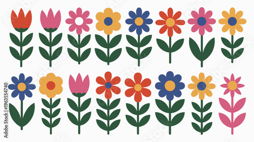 A vibrant row of stylized flowers in various colors red pink yellow blue and orange are depicted with simple shapes and green stems high quality professional