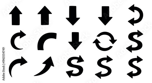 Collection of various black arrows on a white background