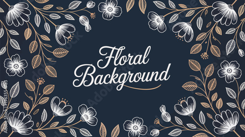 An elegant floral background features delicate white blossoms and golden leaves against a deep navy blue backdrop creating a vintage aesthetic high quality professional detailed modern