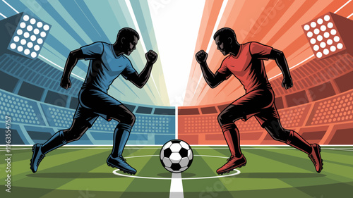 A dynamic illustration depicts two soccer players facing off poised for action on a vibrant stylized field with a soccer ball high quality professional detailed modern