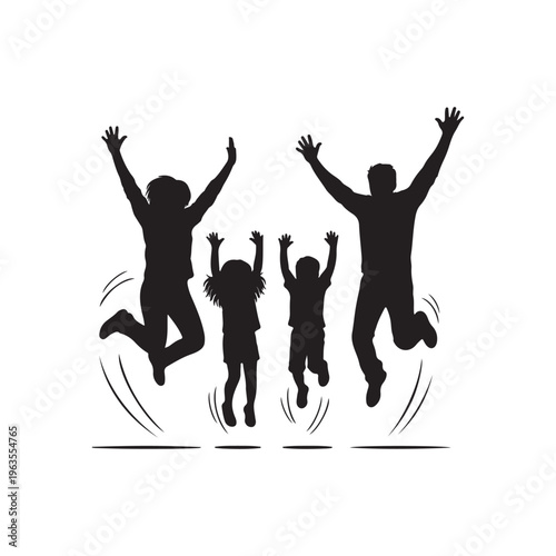 Joyful Family Silhouette Jumping Together with Arms Raised in Celebration on a White Background parents