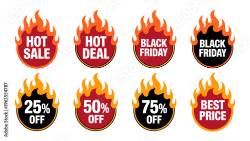 A collection of circular badges with fiery designs promoting sales events like black friday and offering percentage discounts high quality professional detailed modern elegant stylish clean