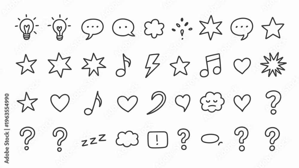 Naklejka premium A collection of simple black and white line icons depicting ideas communication weather and various abstract symbols high quality professional detailed modern elegant stylish clean crisp