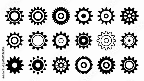 An assortment of black and white gear icons are displayed in varying sizes and designs against a clean white background high quality professional detailed modern elegant