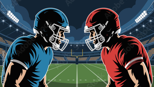 An illustration depicts two american football players facing each other on a brightly lit green field under a dark stadium high quality professional detailed modern elegant