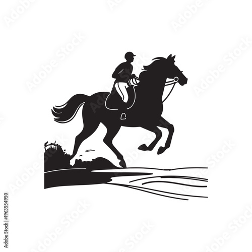 Silhouette of a jockey riding a horse jumping over an obstacle with a grassy embankment and water splash Keywords: horse
