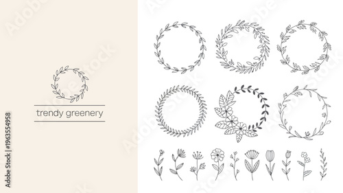 A collection of hand drawn floral wreaths and botanical elements displayed in grayscale suitable for design projects and invitations high quality professional detailed modern elegant stylish