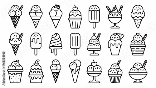 A collection of black and white line art illustrations depicting various frozen desserts including ice cream cones popsicles and sundaes high quality professional detailed modern elegant