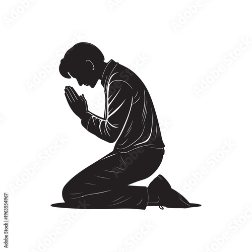 Silhouette of a man kneeling on one knee with hands clasped together in prayer or meditation, conveying a sense of